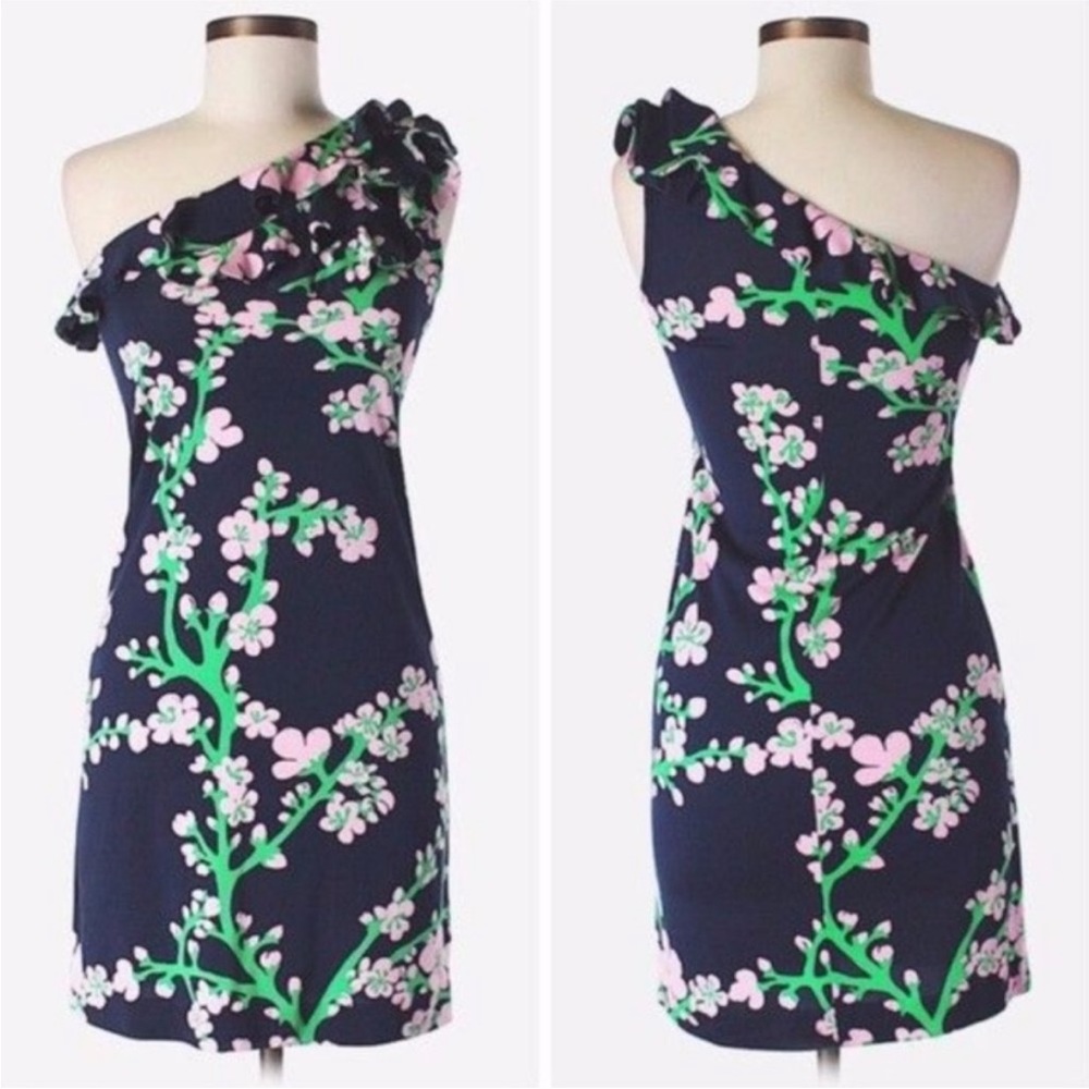 Lilly Pulitzer Whinnie Silk Floral One Shoulder Ruffle Dress XS